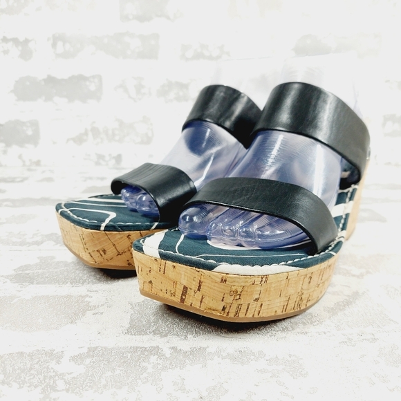 New Sam Edelman Alissa Platform Cork Heel Black Leather Slides Sandals  W812 - Picture 2 of 12